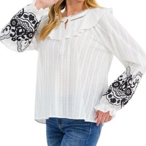 Savanna Jane Cotton Boho Blouse Embroidered Sleeve